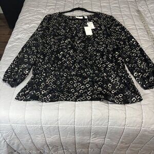 Chicos Black & White Semi-Sheer Geo Burnout Peasant Top Size 2 Polyester/Rayon B